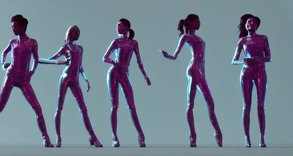 Prompt: dancing holographic girls, futuristic, silhouette, in the style of Pixar animation, very low angle view, 16mm lens, award winning, hyper detailed, dramatic lighting, artstation, octane renderer, unreal engine