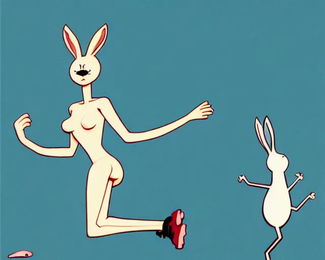 Prompt: a white skinned girl, very thin legs, a long tail, highly detailed, minimalistic composition, blue tones, sharp focus, giant bunny running in the background, art by jamie christopher hewlett and kandinsky and jean julien