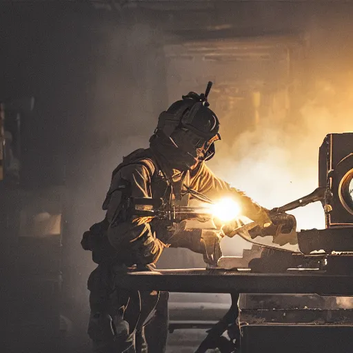 Image similar to soldier with toaster oven augmentation, dark messy smoke - filled cluttered workshop, dark, dramatic lighting, orange tint, sparks, cinematic, highly detailed, sci - fi, futuristic, movie still