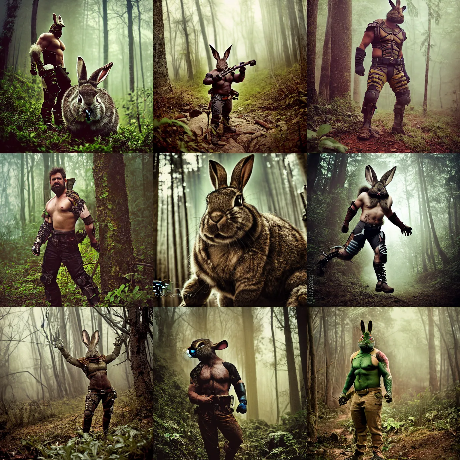 Prompt: photograph by discovery channel! full shot!! armored hulked borderlands rabbit superhero rugged barbarian, fog, in deep forest jungle, overcast!!! cinematic focus, polaroid photo, vintage, neutral colors, soft lights, foggy, by steve hanks, by serov valentin, by lisa yuskavage, by andrei tarkovsky