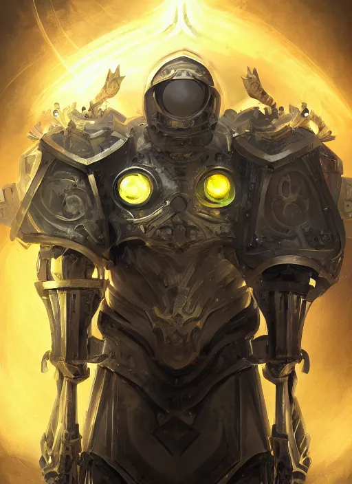 Prompt: dynamic attack position abstract portrait of a intricate glorious holy mechanical warforged character in yellow armor holding a paladin engraved great longsword drawn and carrying a big paladin shield, beam glowing eye , face in focus, epic , trending on ArtStation, masterpiece, cinematic lighting, by Ross Tran and by Greg Rutkowski