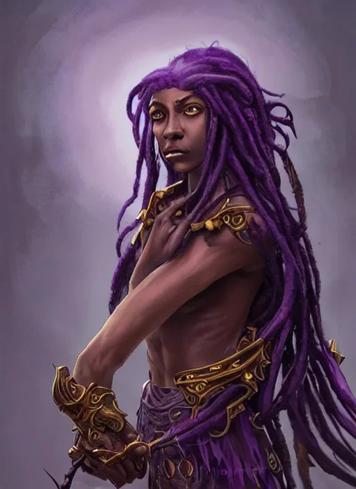 Image similar to dark skinned half elf, purple dreadlocks, god of illithid, fantasy, extremely detailed, digital painting, artstation, concept art, smooth, sharp focus, illustration, stunning lighting, art by artgerm and greg rutkowski and alphonse mucha and simon stalenhag, realistic character concept, high fantasy, light atmosphere, golden ratio, cinematic lighting, hyperdetailed, high resolution, insanely detailed and intricate, artstation, Marc Simonetti, Greg Rutkowski