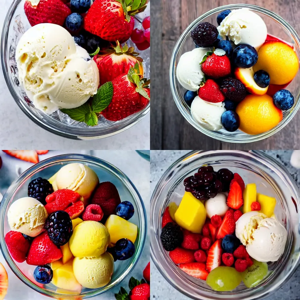 Prompt: an ice cream with fresh fruit in a glass bowl