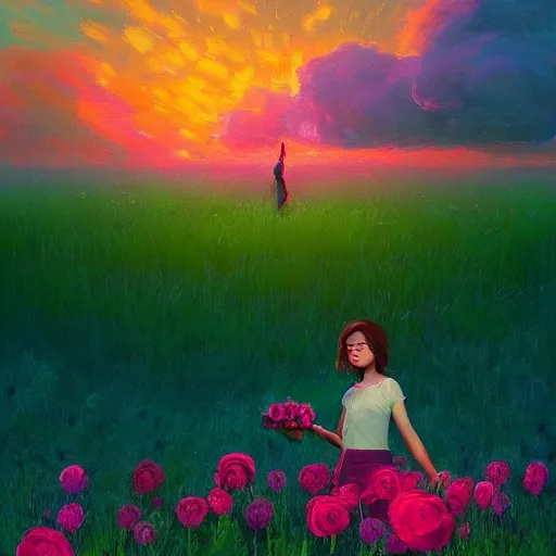 Prompt: rose face, girl floating in a flower field, surreal photography, sunrise dramatic light, impressionist painting, colorful clouds, digital painting, artstation, simon stalenhag