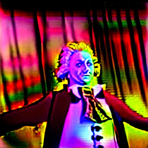 Image similar to a photo of wolfgang amadeus mozart on a rave. he sweats a lot because the club is poorly ventilated, but he still has a great time. club photography, smartphone photography.