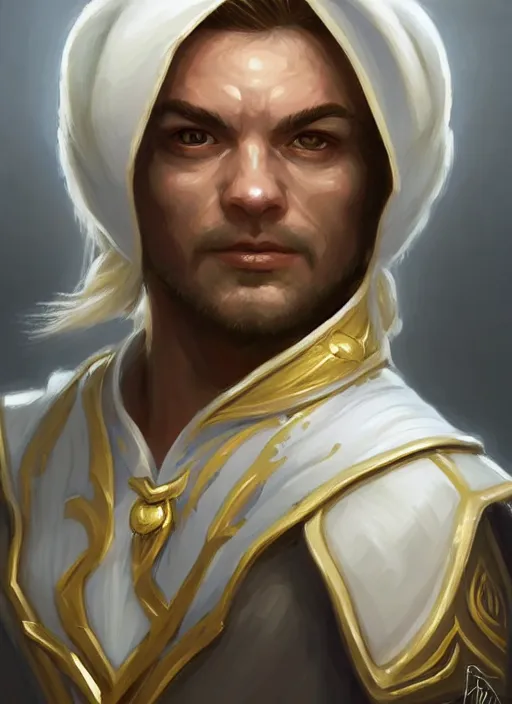 Prompt: symmetry!! oil painting digital art dungeons & dragons facial portrait of a halfling male cleric, white robe with gold accents, lponytail!!!, wry smirk, brown, gold and white cloak, necklace, elegant, highly detailed, digital painting, artstation, concept art, sharp focus, illustration, art by artgerm and greg rutkowski and alphonse mucha
