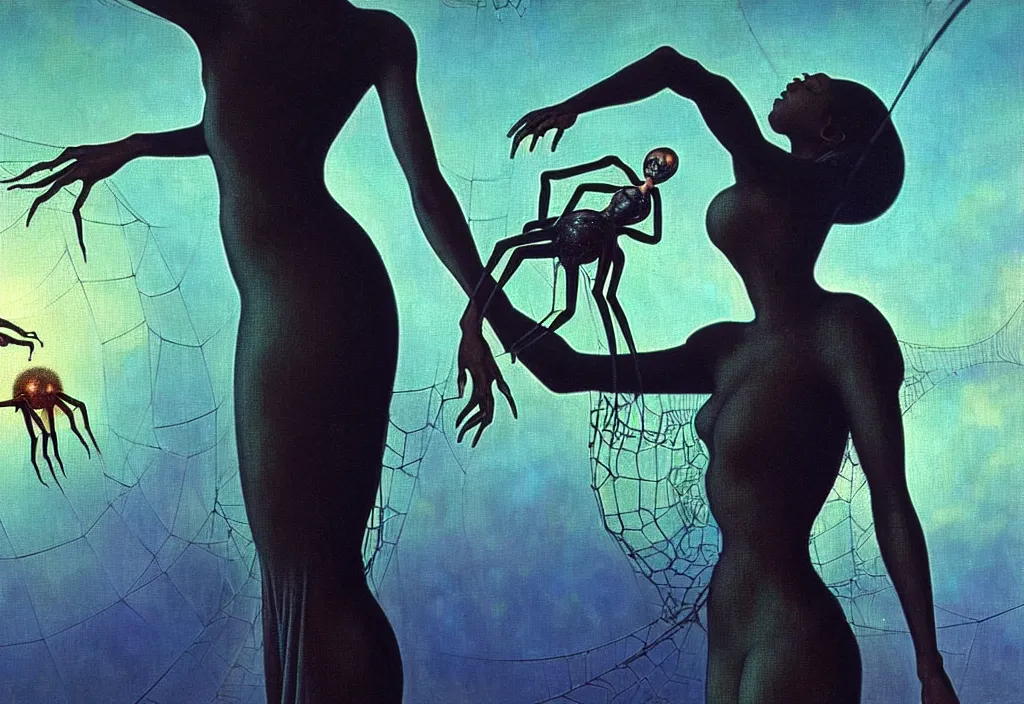 Image similar to realistic detailed portrait movie shot of a single beautiful black woman in a transparent sheer fabric dress dancing with a giant spider, futuristic sci fi landscape background by denis villeneuve, jean delville, yves tanguy, ernst haeckel, alphonse mucha, max ernst, caravaggio, roger dean, sci fi necklace, masterpiece, dreamy, rich moody colours