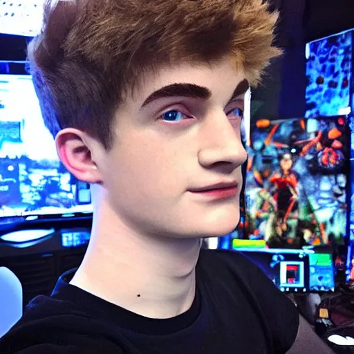 Image similar to “a realistic detailed photo of a guy who is an attractive humanoid who is half robot and half humanoid, who is a male android, twitch streamer Ninja Tyler Blevins, shiny skin, posing like a statue, blank stare, gaming room, eyes glitching”