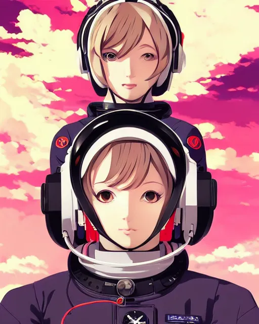 Image similar to ilya kuvshinov anime illustration of young astronaut girl, last exile, murata range, fine detail, perfect anime face, dramatic lighting, dynamic composition, art deco, cel shading, vivid, rich texture, yoshinari yoh, alphonse mucha, ( ( ( colorful ) ) )