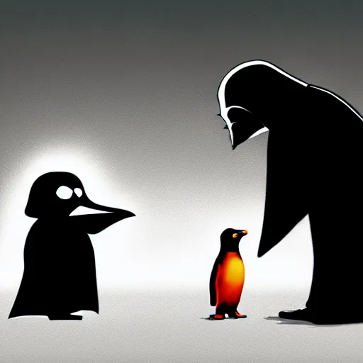 Image similar to darth vader talking with a penguin