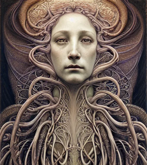 Image similar to detailed realistic beautiful dusk goddess face portrait by jean delville, gustave dore, iris van herpen and marco mazzoni, art forms of nature by ernst haeckel, art nouveau, symbolist, visionary, gothic, neo - gothic, pre - raphaelite, fractal lace, intricate alien botanicals, ai biodiversity, surreality, hyperdetailed ultrasharp octane render