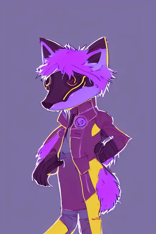 Image similar to a cute cyberpunk anthropomorphic fox with purple fur and yellow eyes and a fluffy tail, comic art, trending on furaffinity, cartoon, kawaii, backlighting, furry art!!!, cel shading, concept art, lineless