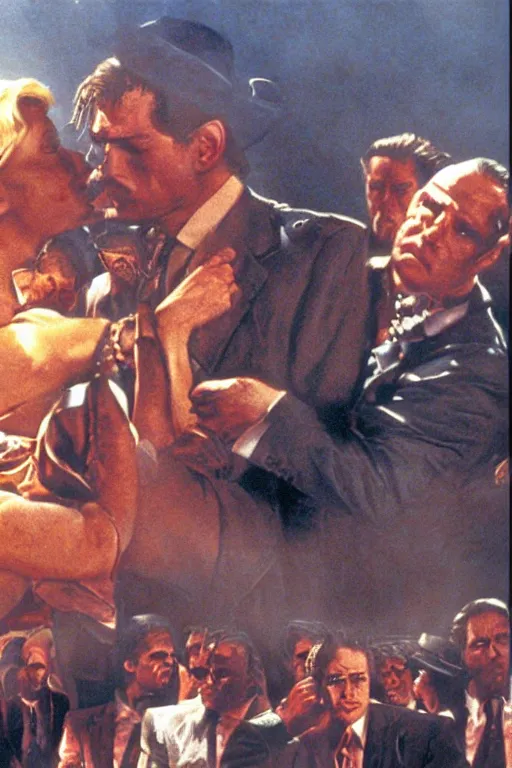 Image similar to epic sandstorm battle, Action, movie Scarface, in the Movie Godfather, in the Movie American Psycho (2000), by drew struzan