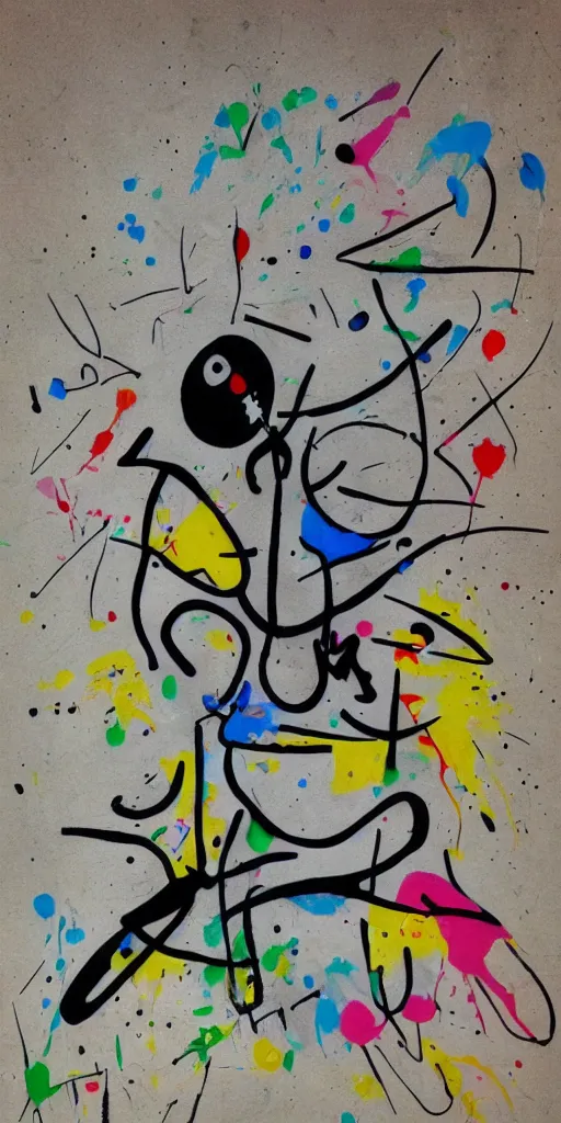 Image similar to minimalistic graffiti masterpiece, black background, psychedelic therapy, artwork by joan miro, trending on ArtStation, ink splatters, pen lines, incredible detail, creative, positive energy, happy, unique, negative space, face, artgerm