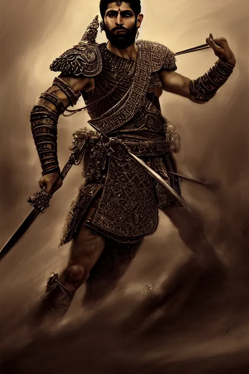 Prompt: portrait of a Persian Prince fighting at war, warrior, brutal battle, handsome prince, shaved face, no beard, attractive young man, heroic pose, persian style architecture, dramatic lighting, dark and horror, action and tragedy, dust and blood, intricate, wild, highly detailed, digital painting, artstation, concept art, smooth, sharp focus, illustration, art by artgerm and greg rutkowski and alphonse mucha, footage from space camera