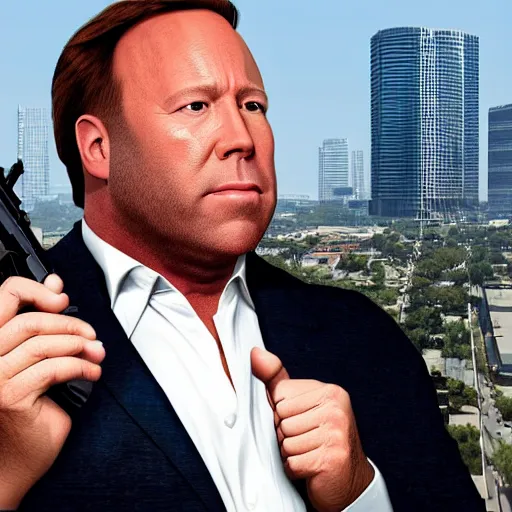 Image similar to alex jones as a GTA style character on a loading screen, 4k, high detail, high-resolution photograph, professional photography, ultra-detail