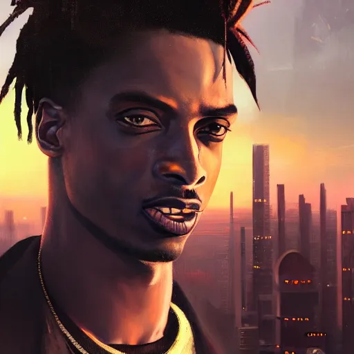 Image similar to cyberpunk, closeup portrait of a playboi carti, dramatic light, city background, sunset, dystopian setting, high contrast, sharp, neuromancer, henry dorsett case, painted by stanley lau, painted by greg rutkowski, painted by stanley artgerm, digital art, trending on artstation