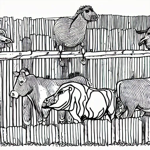 Image similar to farm animals in a fenced area, black and white, coloring book, line drawing