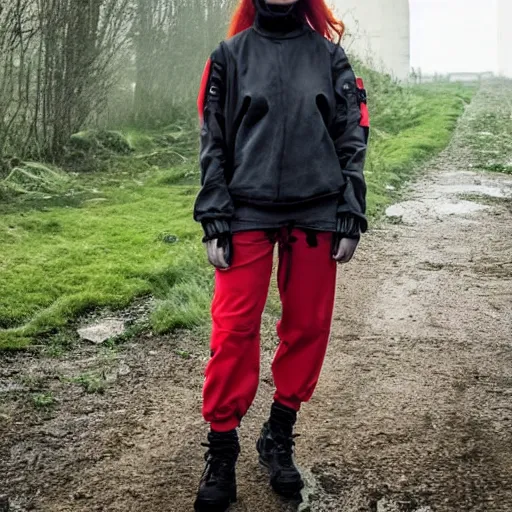 Image similar to beautiful red haired woman in techwear, warcore look and clothes, ACG, ACRNYM, Rick Owens, trending on r/streetwear, outfit photo