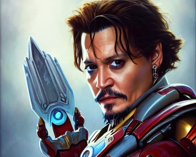 Image similar to photography of johnny depp as ironman, deep focus, d & d, fantasy, intricate, elegant, highly detailed, digital painting, artstation, concept art, matte, sharp focus, illustration, hearthstone, art by artgerm and greg rutkowski and alphonse mucha