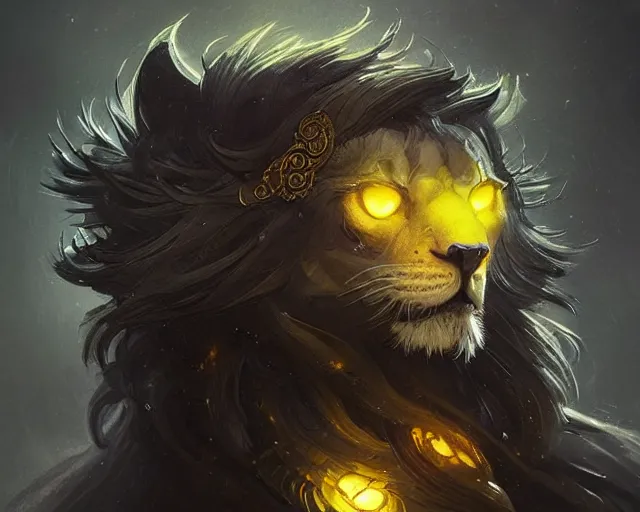 Image similar to black lion with deep big yellow eyes, deep focus, d & d, fantasy, intricate, elegant, highly detailed, digital painting, artstation, concept art, matte, sharp focus, illustration, hearthstone, art by artgerm and greg rutkowski and alphonse mucha