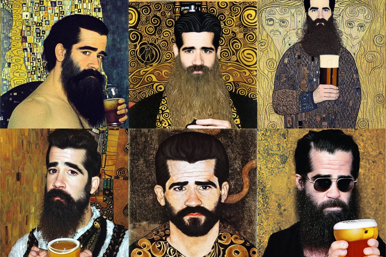 Prompt: klimt long black two braided beard thick eyebrows black short hair colin farrell drinking a pint of beer