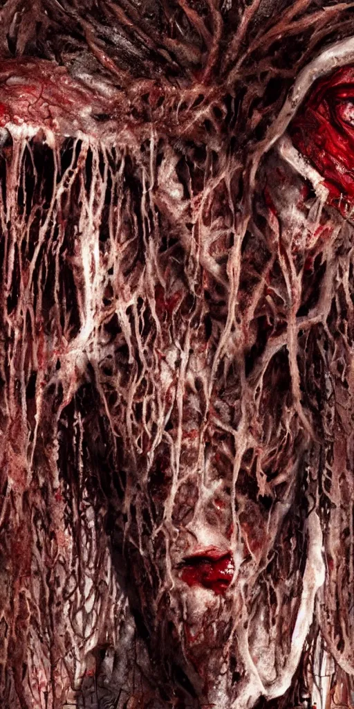 Image similar to photorealistic ultra detailed tall skinny humanoid creature with decomposed skin with fur and blood dripping, the woods, night, extremly detailed, 8 k, realistic, sharp focus, cosmic horror creature, cosmic horror, from the movie the thing, mysterious creature, bloody eyes