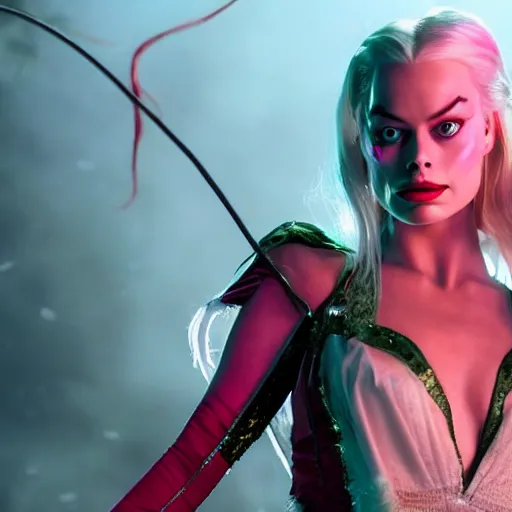 Prompt: Margot Robbie as real-life Jinx from Arcane, league of legends, cinematic, Wide-shot, atmospheric fog and lighting, directed by Michael Bay, extreme detail, 8K, movie still