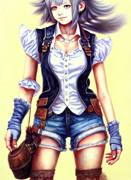 Image similar to a portrait of catgirl wearing white vest, and denim shorts an ultrafine detailed painting, detailed painting, boris valejo. octopath traveler