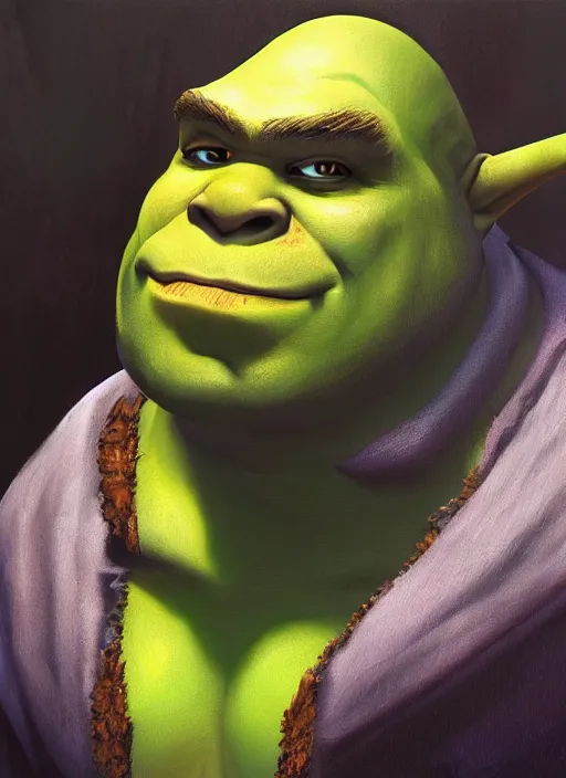 Image similar to dramatic oil painting of shrek as thrall from world of warcraft, artstation, shrek, epic, dramatic,