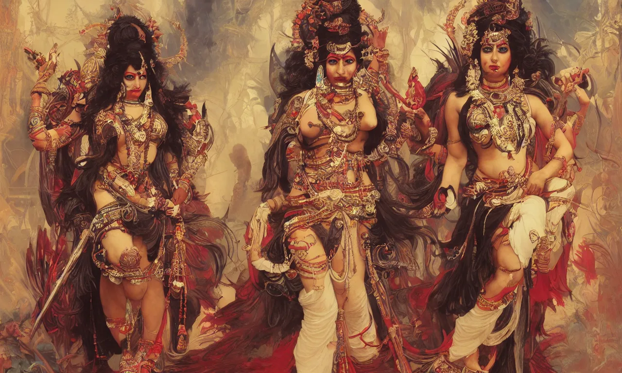 Prompt: Full View of Indian Goddess Kali Ma. Masterpiece 4k digital illustration by Ruan Jia and Mandy Jurgens and Artgerm and William-Adolphe Bouguereau, award winning, Artstation, art nouveau aesthetic, Alphonse Mucha background, intricate details, realistic, panoramic view, Hyperdetailed, 8k resolution, intricate art nouveau, smooth, sharp focus