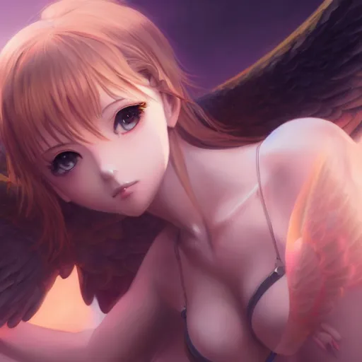 Image similar to an oil painting of a beautiful anime girl with angel wings, by artgerm, hd, hdr, ue 5, ue 6, unreal engine 5, cinematic 4 k wallpaper, 8 k, ultra detailed, high resolution, artstation, award winning