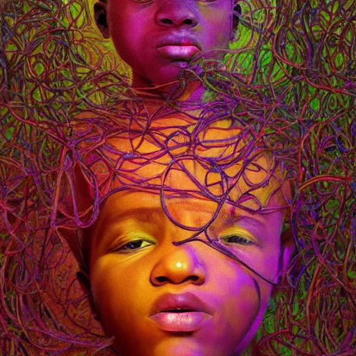 Image similar to colourful vfx art - portrait of nigerian boy wrapped in flowers & vines, art by zdzisaw beksinski & james jean, volumetric light, ray tracing, sharp, detailed, digital painting, illustration, highly detailed, intricate detail, unreal engine, octane render, global light, pinterest, behance, art station,