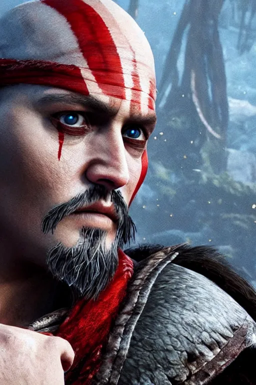 Prompt: Johnny Depp in God of War 4, sigma male, rule of thirds, movie poster with no text, award winning photo, unreal engine