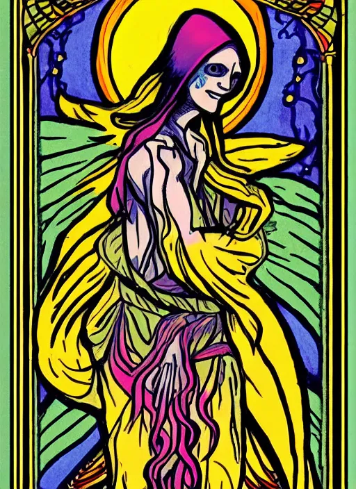 Prompt: beautiful tarot illustration of death, in the style of wylie beckert, mystical colors, trending on artstation