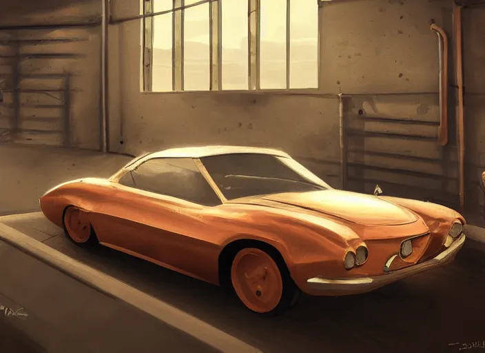 Prompt: classic musicle car with copper paint, in a workshop, concept art style by pablo carpio. full view.