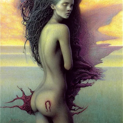 Image similar to cute young vampire tomboy girl with short short short dark hairs on lovecraftian planet by jean delville by luis royo and wayne barlowe, beksinski