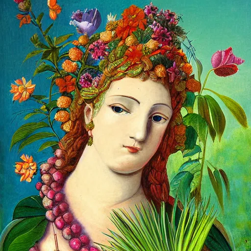 Image similar to goddess of plant medicine detailed painting by marie - gabrielle capet, vivid saturated colors, trending on arstation
