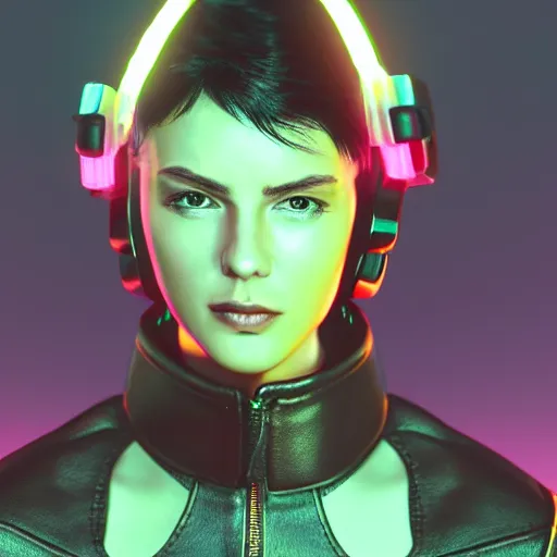 Image similar to realistic cyberpunk female wearing thick leather and steel collar, 4K, neon,