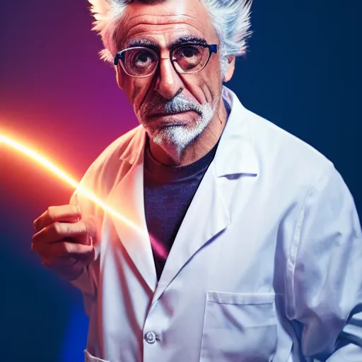 Prompt: portrait of old rick sanchez, lab coat and tee shirt, lens flare, atmosphere, glow, detailed, intricate, full of colour, cinematic lighting, 4 k, hyperrealistic, focused, extreme details, cinematic, masterpiece