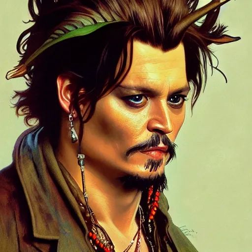 Image similar to full portrait of johnny depp as ace ventura, fantasy, d & d, intricate, detailed, by by alphonse mucha, adolfo hohenstein, alice russell glenny, stanley artgerm lau, greg rutkowski, detailed, trending on artstation, trending on artstation, smooth