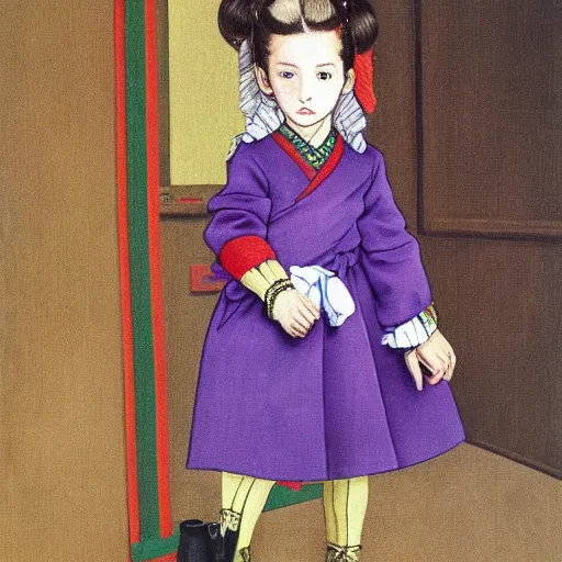 Image similar to little girl wearing an gucci's outfit. art made by hirohiko araki, inspired by balthus, highly detailed, realistic,