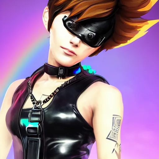 Image similar to portrait bust digital artwork of tracer overwatch, wearing black iridescent rainbow latex tank top, 4 k, expressive happy smug expression, makeup, in style of mark arian, angel wings, wearing detailed black leather collar, chains, black leather harness, detailed face and eyes,