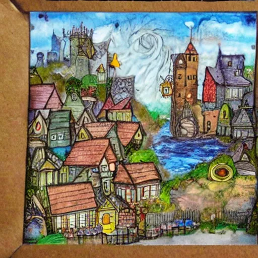 Image similar to a fantasy town, mixed media, whimsical,