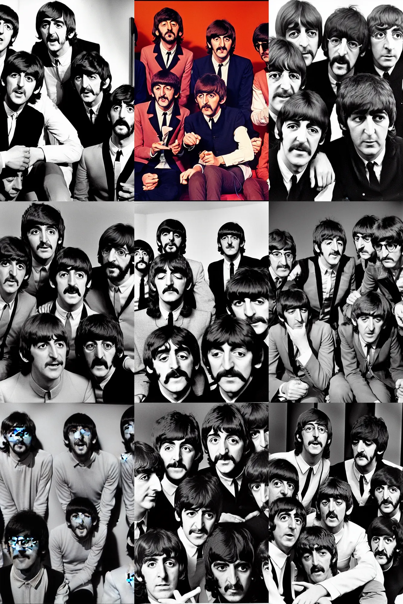 Prompt: the beatles on magic mushrooms looking confused at psychedelic hallucinations at the apple studios