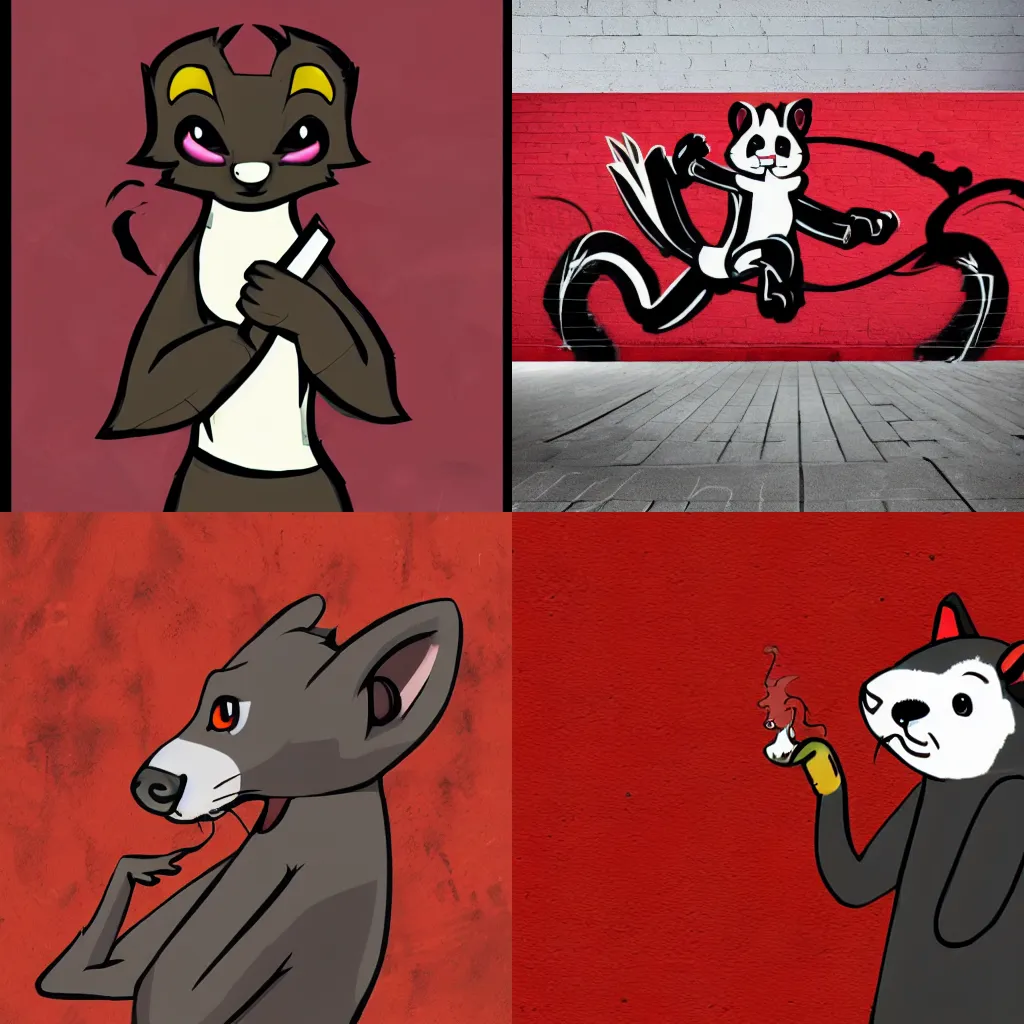 Prompt: furry _ fandom _ fursona ( red - and - black, weasel - ferret - stoat ), graffiti _ background ( smoke ), wall