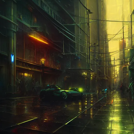 Image similar to Rain at night in a cyberpunk city, fantasy, medieval, vivid colrs, elegant, concept art, sharp focus, digital art, Hyper-realistic, 4K, Unreal Engine, Highly Detailed, HD, Dramatic Lighting by Brom, trending on Artstation