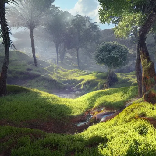 Image similar to large lush landscape, daylight, hyperdetailed, sharp, artstation, 3 d render, ray tracing