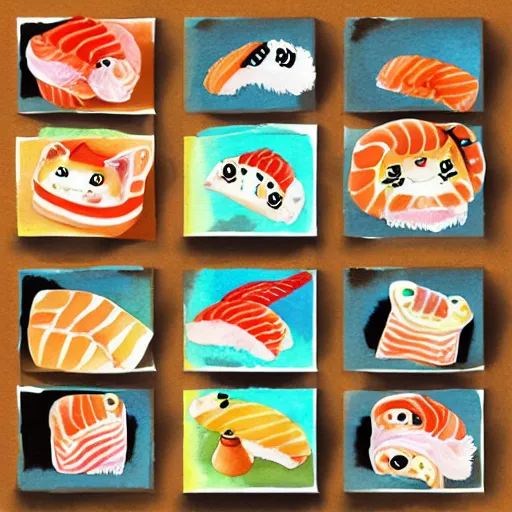 Prompt: sushi cats watercolour children's book illustration