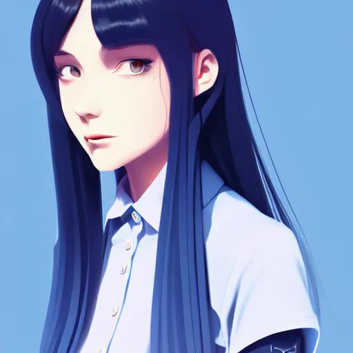 Image similar to urban high school girl in shirt fanart, dark blue long hair, muted colors, matte print, pastel colors, ornate, digital art, digital painting, fan art, elegant, artstation, by Ilya Kuvshinov